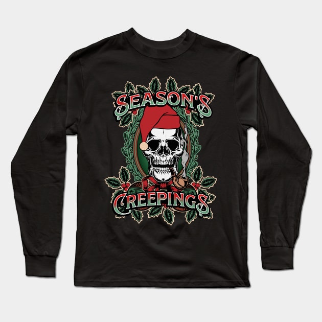 Seasons Creepings Funny Goth Christmas Skull Santa Long Sleeve T-Shirt by PUFFYP